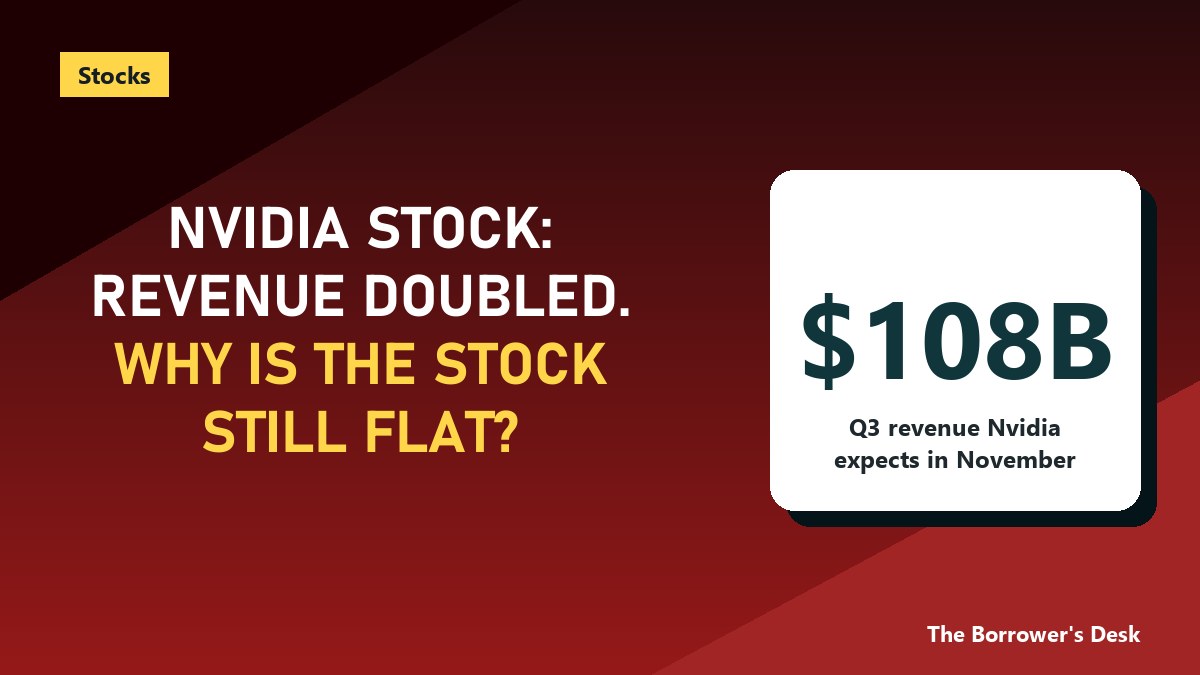 Cover image for Nvidia stock outlook: revenue doubled but the stock is flat, with the 108 billion dollar third quarter revenue guide